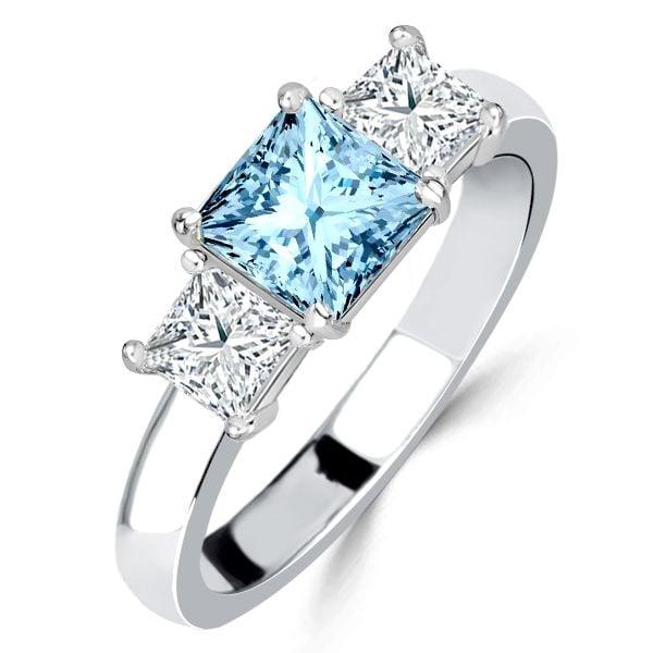 Princess Cut Aquamarine Three Stone Ring in Rhodium-Plated Sterling Silver