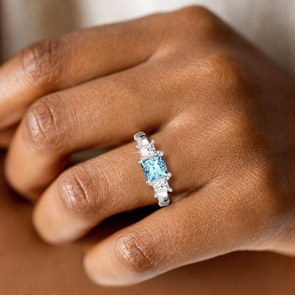 Princess Cut Aquamarine Three Stone Ring in Rhodium-Plated Sterling Silver