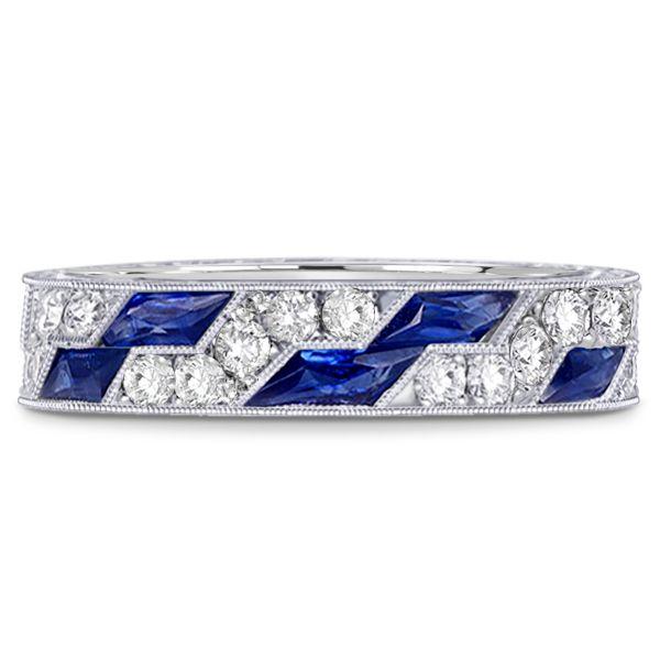 Art Deco Milgrain Blue Sapphire Eternity Band - Sterling Silver Wedding Ring