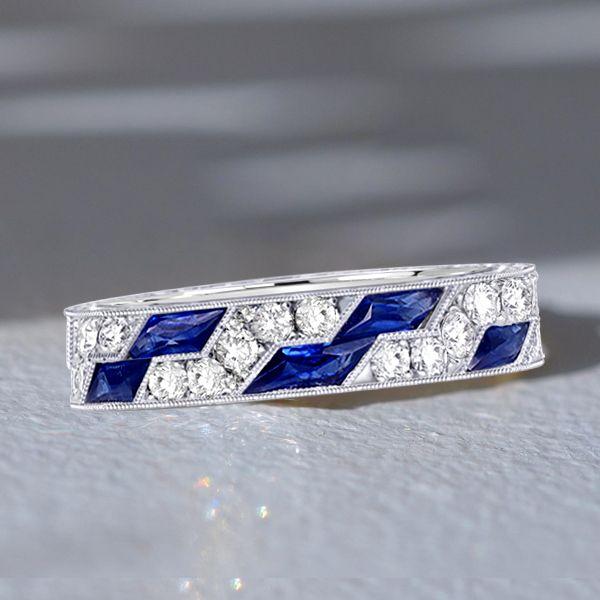 Art Deco Milgrain Blue Sapphire Eternity Band - Sterling Silver Wedding Ring