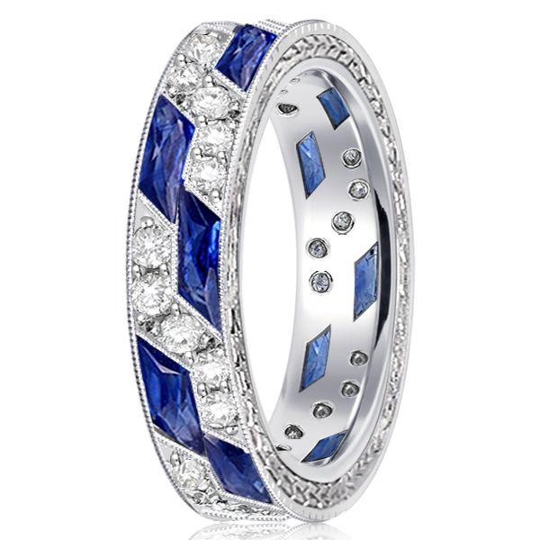 Art Deco Milgrain Blue Sapphire Eternity Band - Sterling Silver Wedding Ring