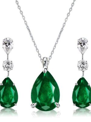 Emerald Sapphire Pear Shaped Necklace & Earrings Set - Sterling Silver