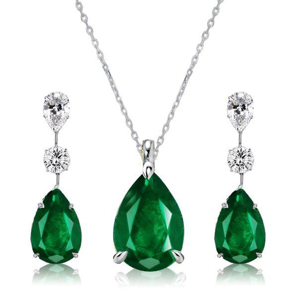 Emerald Sapphire Pear Shaped Necklace & Earrings Set - Sterling Silver