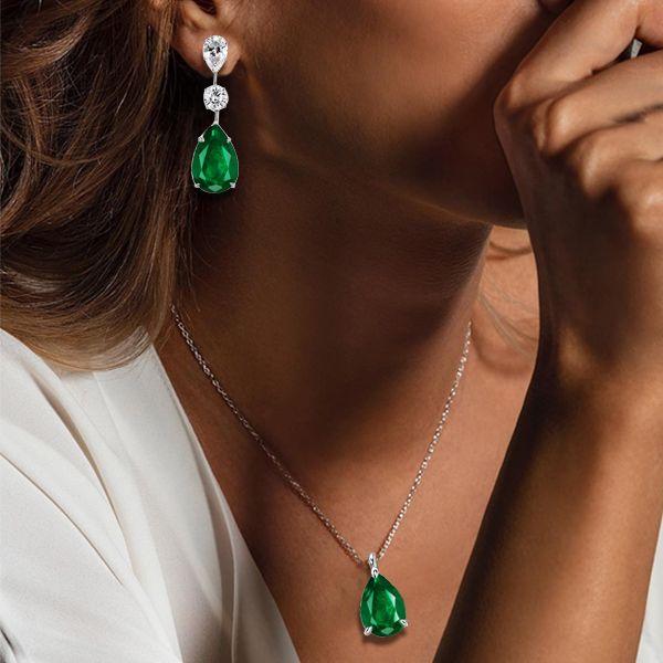 Emerald Sapphire Pear Shaped Necklace & Earrings Set - Sterling Silver