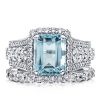 Vintage Aquamarine & Emerald Cut Halo Engagement Ring Set - 925 Sterling Silver