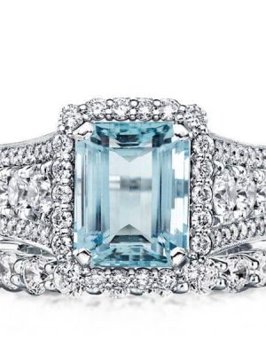 Vintage Aquamarine & Emerald Cut Halo Engagement Ring Set - 925 Sterling Silver