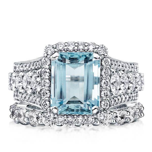 Vintage Aquamarine & Emerald Cut Halo Engagement Ring Set - 925 Sterling Silver