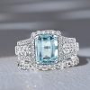 Vintage Aquamarine & Emerald Cut Halo Engagement Ring Set - 925 Sterling Silver