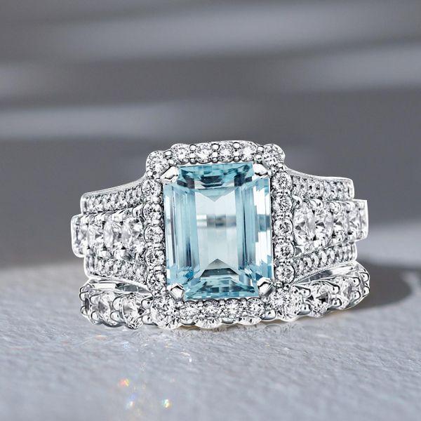 Vintage Aquamarine & Emerald Cut Halo Engagement Ring Set - 925 Sterling Silver