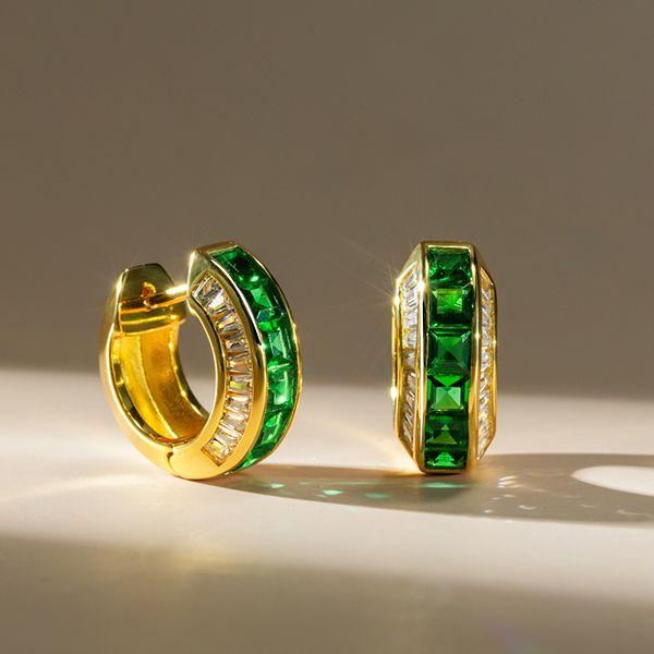 18K Gold Plated Sterling Silver Emerald Huggie Hoop Earrings