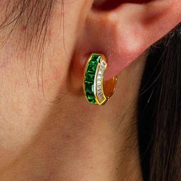 18K Gold Plated Sterling Silver Emerald Huggie Hoop Earrings