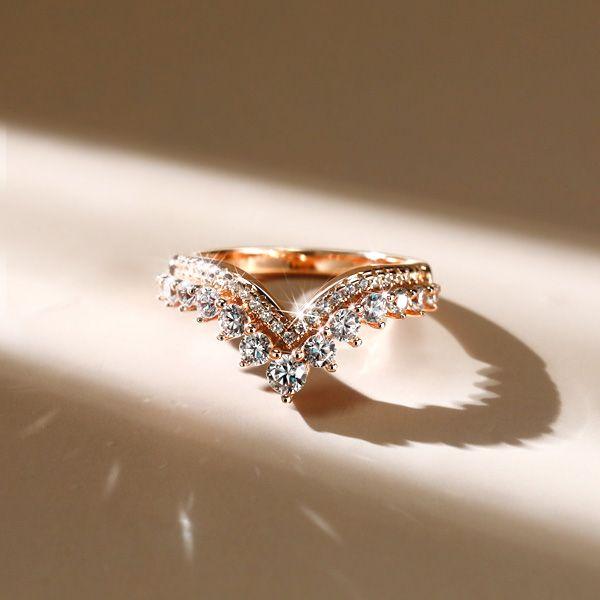 Rose Gold V-Shape Wedding Band - Simulated Diamond Round Cut
