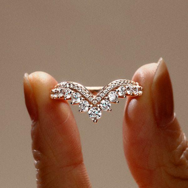 Rose Gold V-Shape Wedding Band - Simulated Diamond Round Cut