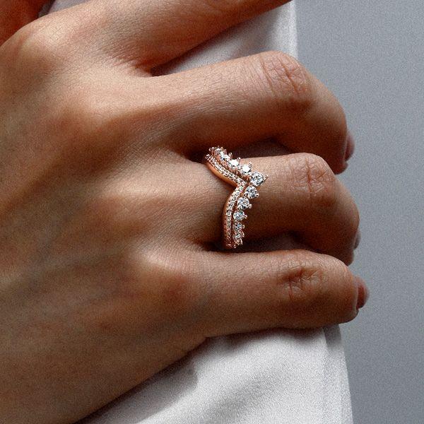 Rose Gold V-Shape Wedding Band - Simulated Diamond Round Cut