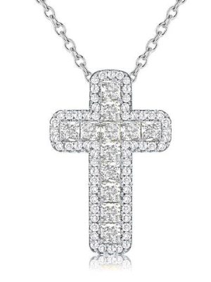 Cushion Cut Halo Cross Necklace in Rhodium-Plated Sterling Silver