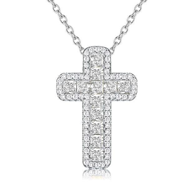 Cushion Cut Halo Cross Necklace in Rhodium-Plated Sterling Silver