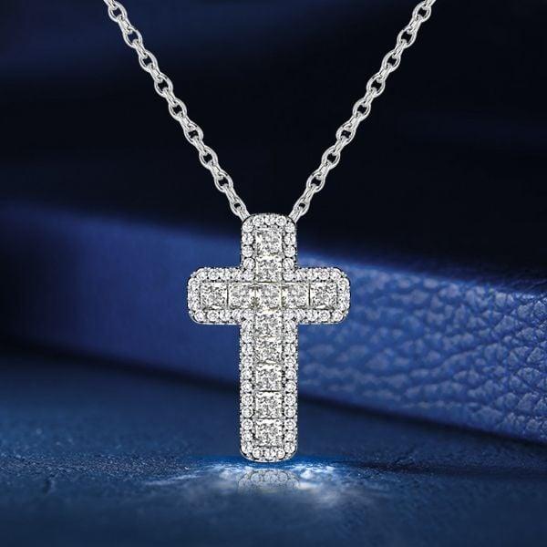 Cushion Cut Halo Cross Necklace in Rhodium-Plated Sterling Silver
