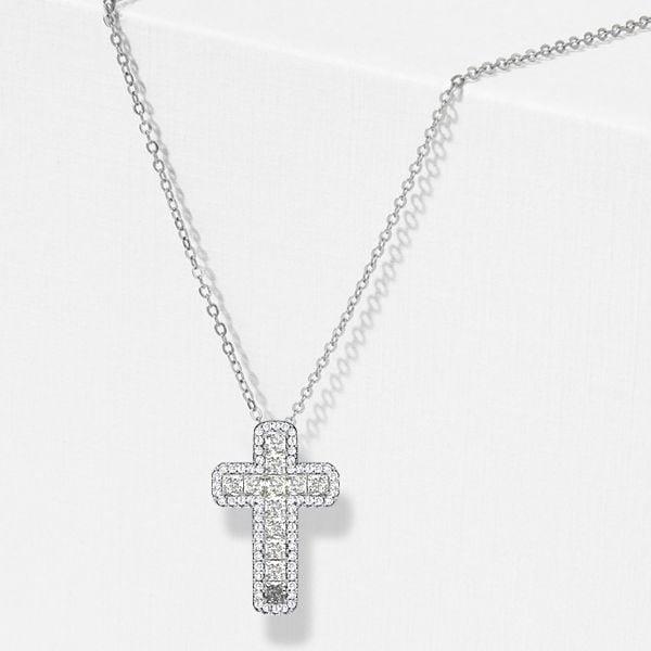 Cushion Cut Halo Cross Necklace in Rhodium-Plated Sterling Silver