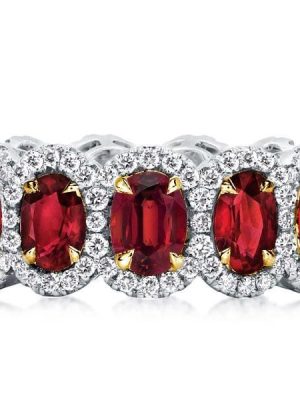 Oval Created Garnet Halo Eternity Wedding Band in Sterling Silver