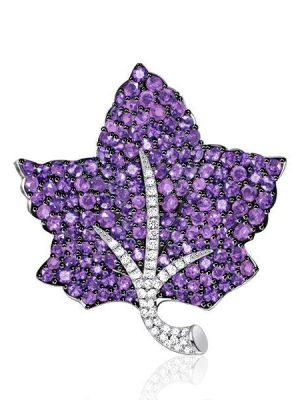 Amethyst Leaf Brooch in Sterling Silver - Pave Setting