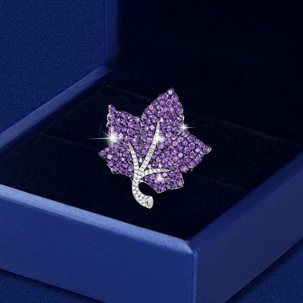 Amethyst Leaf Brooch in Sterling Silver - Pave Setting