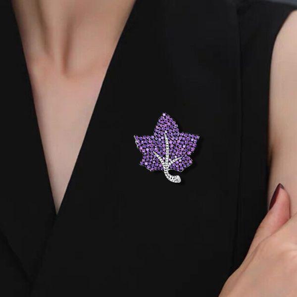 Amethyst Leaf Brooch in Sterling Silver - Pave Setting
