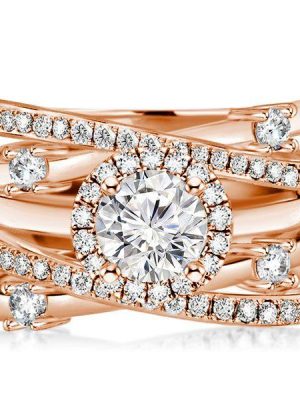 Rose Gold Halo Engagement Ring Set - Round Cut, Sterling Silver