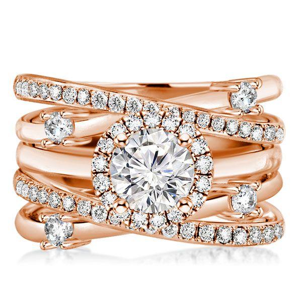Rose Gold Halo Engagement Ring Set - Round Cut, Sterling Silver