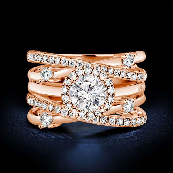 Rose Gold Halo Engagement Ring Set - Round Cut, Sterling Silver