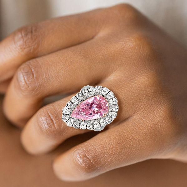 Pear Cut Pink Sapphire Engagement Ring, Two-Tone Halo, Sterling Silver