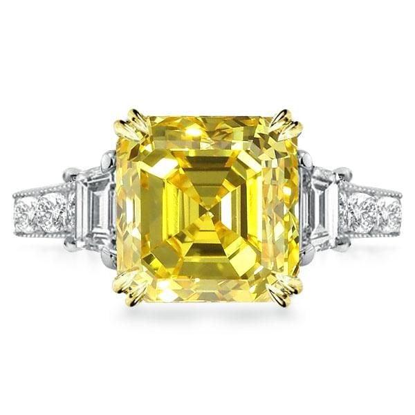 Asscher Cut Three Stone Engagement Ring in Yellow Gold Plated Sterling Silver with Milgrain Detail