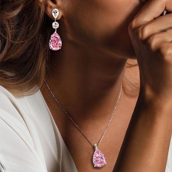 Pink Pear Sapphire Necklace & Earrings Set - 925 Sterling Silver