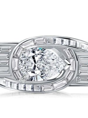 Vintage Pear Shaped White Sapphire Engagement Ring in Rhodium Plated Sterling Silver
