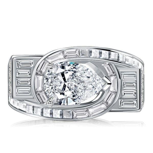 Vintage Pear Shaped White Sapphire Engagement Ring in Rhodium Plated Sterling Silver
