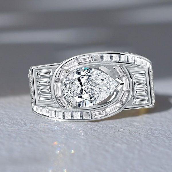 Vintage Pear Shaped White Sapphire Engagement Ring in Rhodium Plated Sterling Silver