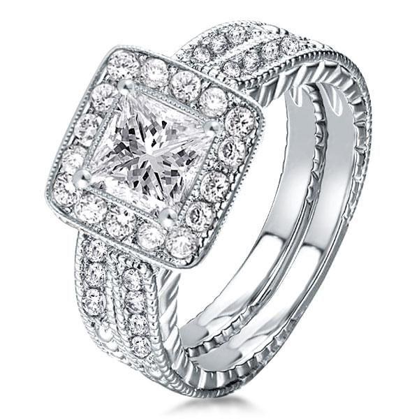 Halo Bridal Set - Sterling Silver & Created White Sapphire Engagement Ring
