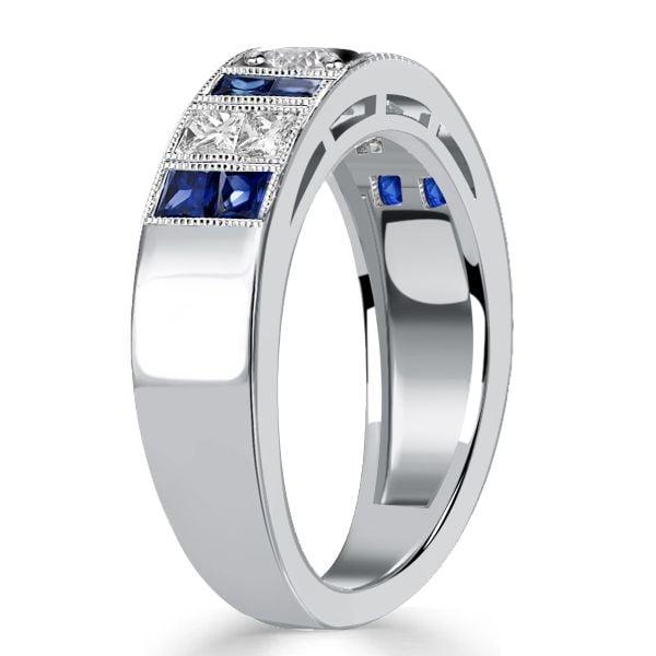 1.08 CT. TW. Princess Cut White & Blue Sapphire Wedding Band for Women in Sterling Silver