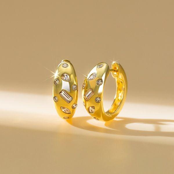 18K Gold Plated Sterling Silver Hoop Earrings with Multi Cut Flush Setting