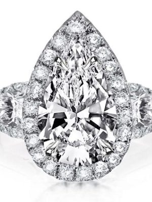 Pear Halo Three Stone Created White Sapphire Engagement Ring - 925 Sterling Silver