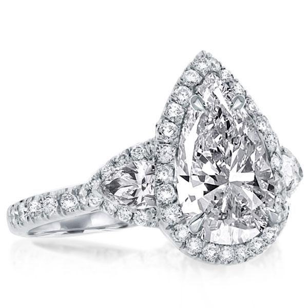 Pear Halo Three Stone Created White Sapphire Engagement Ring - 925 Sterling Silver