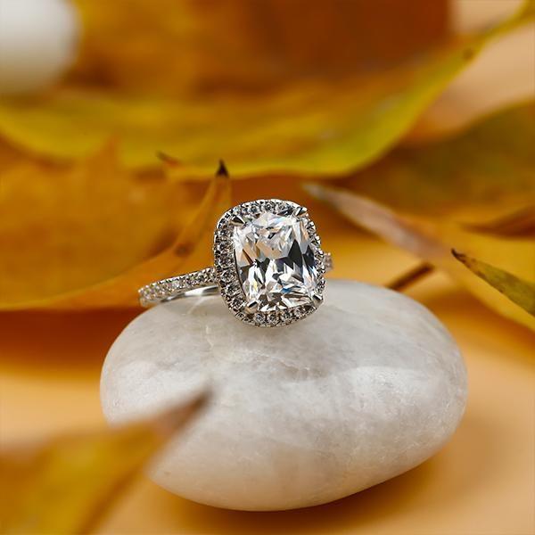 Cushion Halo Created White Sapphire Engagement Ring in Sterling Silver