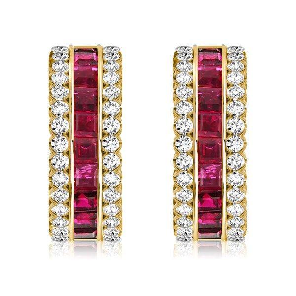 Invisible Setting Ruby Hoop Earrings for Women | 18K Gold Plated Sterling Silver