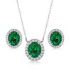 Oval Green Emerald and Sapphire Halo Necklace and Earrings Jewelry Set in Sterling Silver