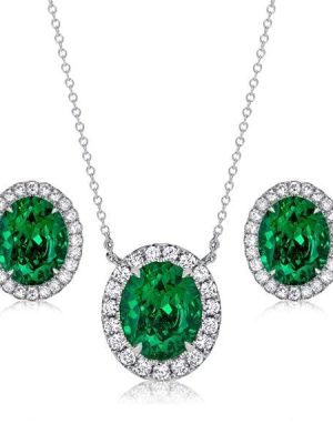 Oval Green Emerald and Sapphire Halo Necklace and Earrings Jewelry Set in Sterling Silver