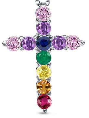 925 Sterling Silver Multi-Color Gemstone Cross Pendant Necklace for Women