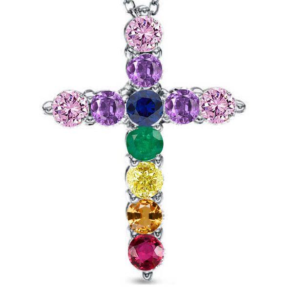925 Sterling Silver Multi-Color Gemstone Cross Pendant Necklace for Women
