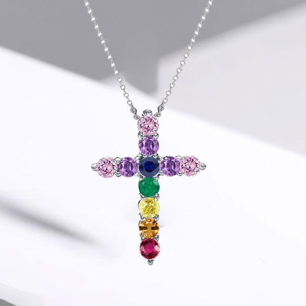 925 Sterling Silver Multi-Color Gemstone Cross Pendant Necklace for Women
