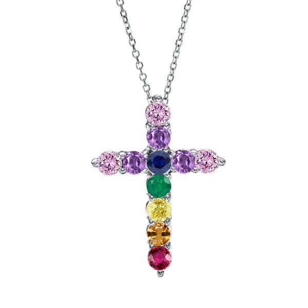 925 Sterling Silver Multi-Color Gemstone Cross Pendant Necklace for Women
