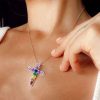 925 Sterling Silver Multi-Color Gemstone Cross Pendant Necklace for Women