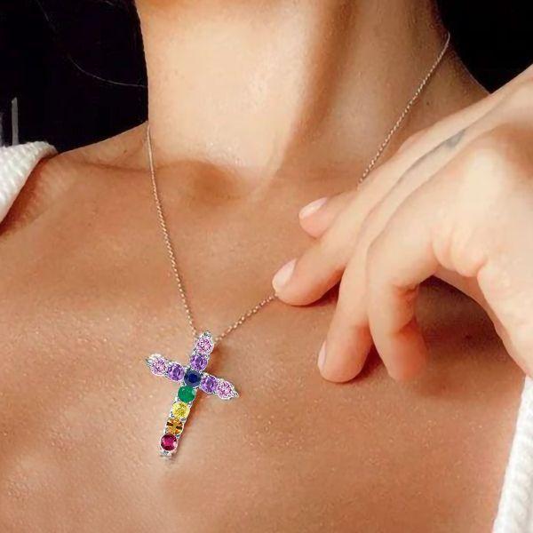 925 Sterling Silver Multi-Color Gemstone Cross Pendant Necklace for Women